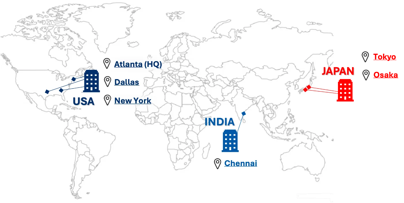 Map of Kaizen and Nihon Technology global delivery centers